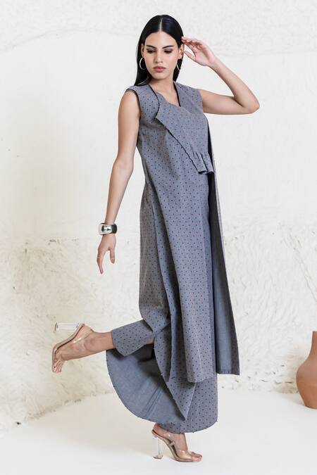 Buy_Orcr_Gray Cotton Beads Collared, V-neck Grey Polka Dot Jacket Pant Set 