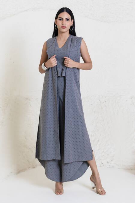 Shop_Orcr_Gray Cotton Beads Collared, V-neck Grey Polka Dot Jacket Pant Set 