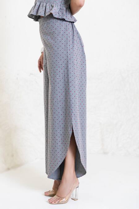 Orcr_Gray Cotton V-neck Polka Dots Peplum Top And Pant Set _Online_at_Aza_Fashions