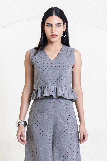 Buy_Orcr_Gray Cotton V-neck Polka Dots Peplum Top And Pant Set _Online_at_Aza_Fashions