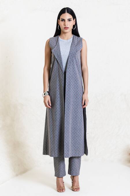 Orcr_Gray Cotton Beads Collared Grey Polka Dot Jacket And Pant Set _Online_at_Aza_Fashions