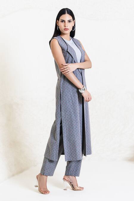Buy_Orcr_Gray Cotton Beads Collared Grey Polka Dot Jacket And Pant Set _Online_at_Aza_Fashions