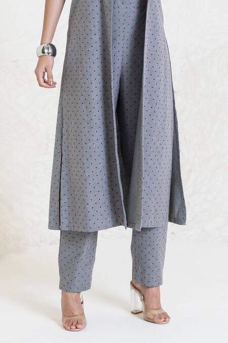 Shop_Orcr_Gray Cotton Beads Collared Grey Polka Dot Jacket And Pant Set _Online_at_Aza_Fashions