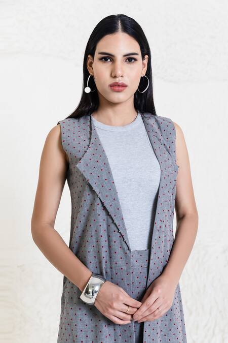 Orcr_Gray Cotton Beads Collared Grey Polka Dot Jacket And Pant Set _at_Aza_Fashions