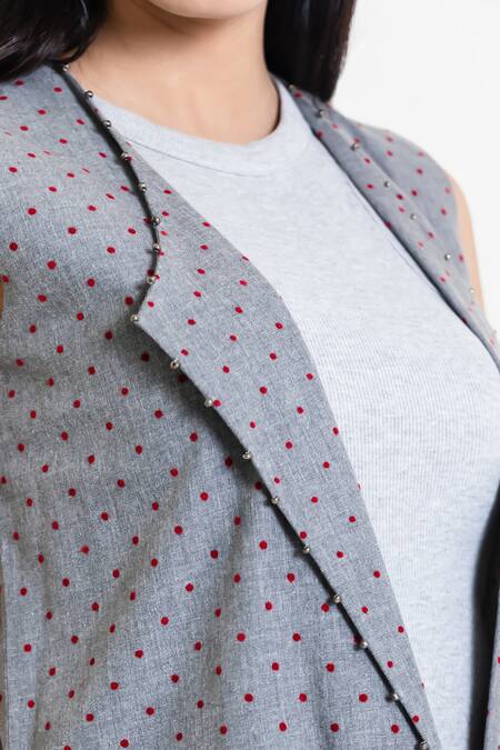 Shop_Orcr_Gray Cotton Beads Collared Grey Polka Dot Jacket And Pant Set 