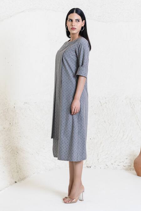 Orcr_Gray Cotton Beads Round Neck Asymmetric Dress _Online_at_Aza_Fashions