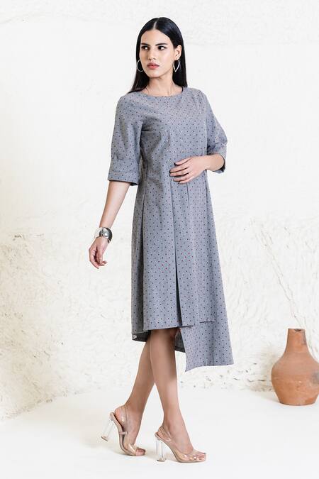 Shop_Orcr_Gray Cotton Beads Round Neck Asymmetric Dress _Online_at_Aza_Fashions