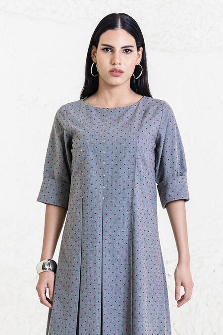 Orcr_Gray Cotton Beads Round Neck Asymmetric Dress _at_Aza_Fashions