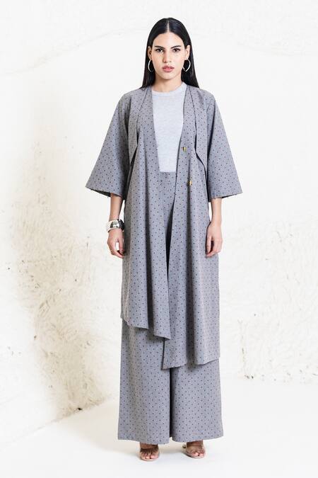 Orcr_Gray Cotton V-neck Grey Polka Dot Asymmetric Jacket And Pant Set _Online_at_Aza_Fashions