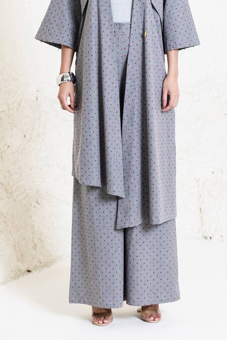 Buy_Orcr_Gray Cotton V-neck Grey Polka Dot Asymmetric Jacket And Pant Set _Online_at_Aza_Fashions