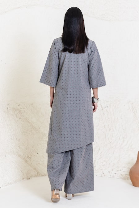 Orcr Grey Polka Dot Asymmetric Jacket & Pant Set 