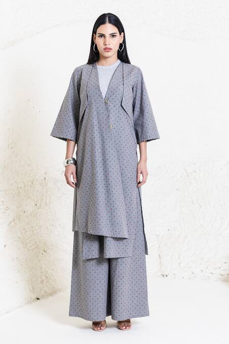 Shop_Orcr_Gray Cotton V-neck Grey Polka Dot Asymmetric Jacket And Pant Set _Online_at_Aza_Fashions
