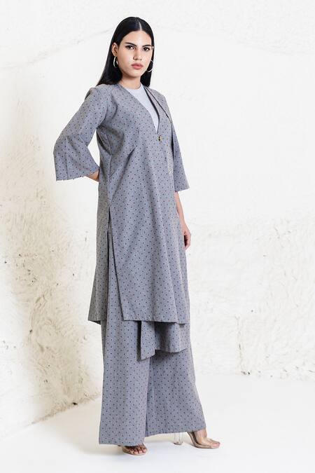 Orcr_Gray Cotton V-neck Grey Polka Dot Asymmetric Jacket And Pant Set _at_Aza_Fashions