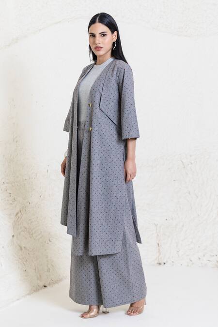 Buy_Orcr_Gray Cotton V-neck Grey Polka Dot Asymmetric Jacket And Pant Set 
