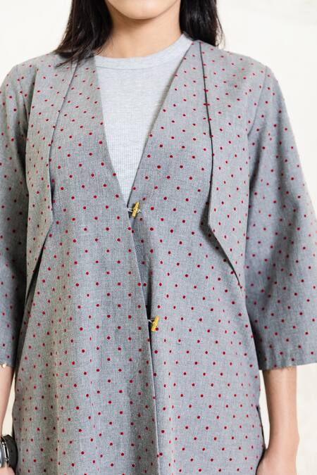 Shop_Orcr_Gray Cotton V-neck Grey Polka Dot Asymmetric Jacket And Pant Set 