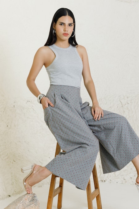 Shop_Orcr_Gray Cotton Grey Polka Dot Palazzo _at_Aza_Fashions