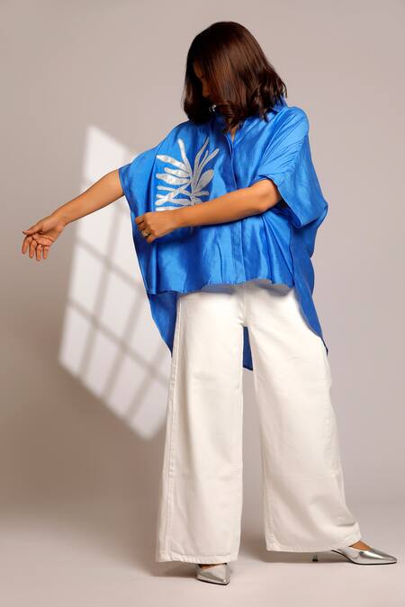 Eeda Blue Chiffon Embroidery Collared High Low Kaftan Shirt Online at Aza Fashions Eeda_Blue Chiffon Embroidery Collared High Low Kaftan Shirt _Online_at_Aza_Fashions