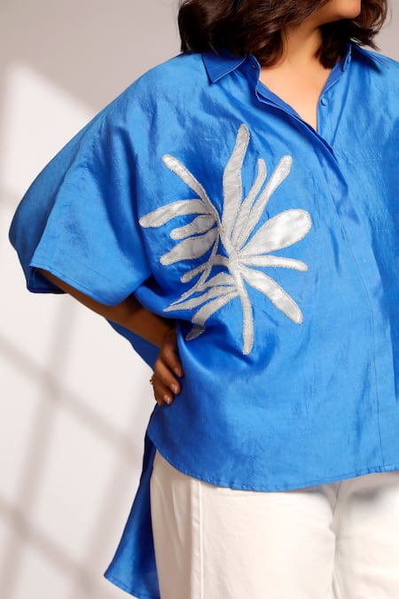 Buy Eeda Blue Chiffon Embroidery Collared High Low Kaftan Shirt Online at Aza Fashions Buy_Eeda_Blue Chiffon Embroidery Collared High Low Kaftan Shirt _Online_at_Aza_Fashions