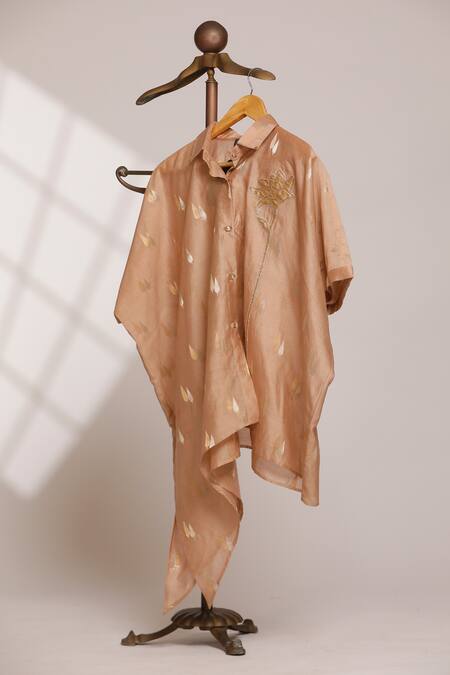 Eeda Beige Chanderi Embroidery Collared Asymmetric Shirt With Rose Patch Online at Aza Fashions Eeda_Beige Chanderi Embroidery Collared Asymmetric Shirt With Rose Patch _Online_at_Aza_Fashions