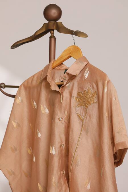 Buy Eeda Beige Chanderi Embroidery Collared Asymmetric Shirt With Rose Patch Online at Aza Fashions Buy_Eeda_Beige Chanderi Embroidery Collared Asymmetric Shirt With Rose Patch _Online_at_Aza_Fashions