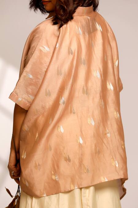 Shop Eeda Beige Chanderi Embroidery Collared Asymmetric Shirt With Rose Patch Online at Aza Fashions Shop_Eeda_Beige Chanderi Embroidery Collared Asymmetric Shirt With Rose Patch _Online_at_Aza_Fashions
