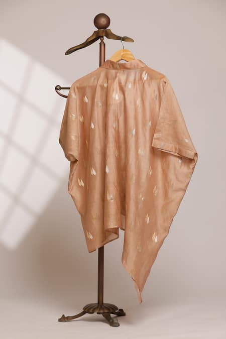 Shop Eeda Beige Chanderi Embroidery Collared Asymmetric Shirt With Rose Patch at Aza Fashions Shop_Eeda_Beige Chanderi Embroidery Collared Asymmetric Shirt With Rose Patch _at_Aza_Fashions