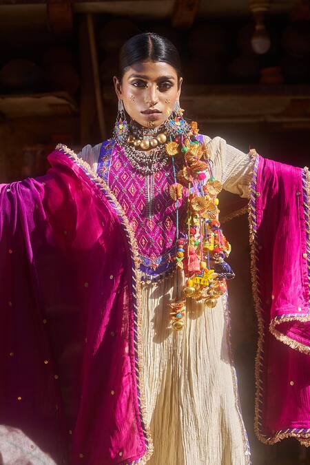 Buy Muskann Kapadiaa Beige Crepe Pearls, Beads, Gota Patti Collared Pink Embroidered Kurta Set Online at Aza Fashions Buy_Muskann Kapadiaa_Beige Crepe Pearls, Beads, Gota Patti Collared Pink Embroidered Kurta Set _Online_at_Aza_Fashions