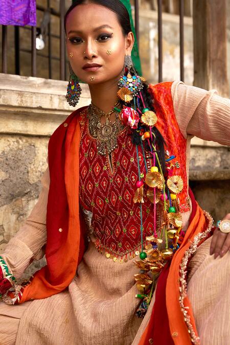 Muskann Kapadiaa_Beige Crepe, Silk Gota Patti, Sequins, Tassels Ikat Zari Embroidered Kurta Set _Online_at_Aza_Fashions