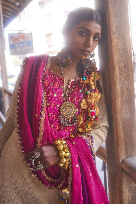 Muskann Kapadiaa_Beige Crepe, Pashmina Gota Patti, Sequins, Zari Ikat Embroidered Kurta Set _Online_at_Aza_Fashions