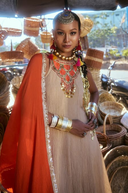 Muskann Kapadiaa Beige Zari Embroidered Anarkali Set 