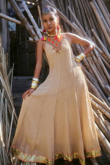 Muskann Kapadiaa_Beige Gota Patti, Zari, Sequins, Embroidery Halter Neck Anarkali Set _Online_at_Aza_Fashions