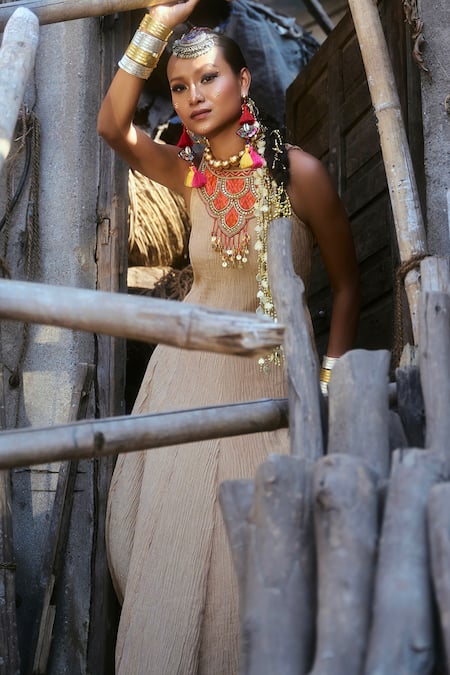 Buy_Muskann Kapadiaa_Beige Gota Patti, Zari, Sequins, Embroidery Halter Neck Anarkali Set _Online_at_Aza_Fashions