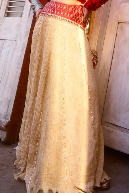 Muskann Kapadiaa_Beige Crepe, Silk, Pashmina Gota Patti, Anarkali Lehenga With Ikat Blazer _Online_at_Aza_Fashions