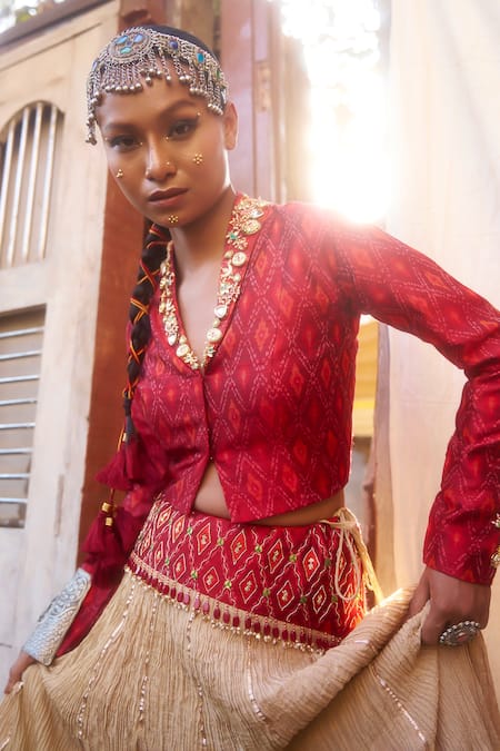 Buy_Muskann Kapadiaa_Beige Crepe, Silk, Pashmina Gota Patti, Anarkali Lehenga With Ikat Blazer _Online_at_Aza_Fashions