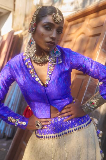 Muskann Kapadiaa_Blue Crepe, Silk Sequins, Zari, Gota Patti Beige Embellished Lehenga And Blazer _Online_at_Aza_Fashions