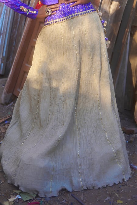 Buy_Muskann Kapadiaa_Blue Crepe, Silk Sequins, Zari, Gota Patti Beige Embellished Lehenga And Blazer _Online_at_Aza_Fashions