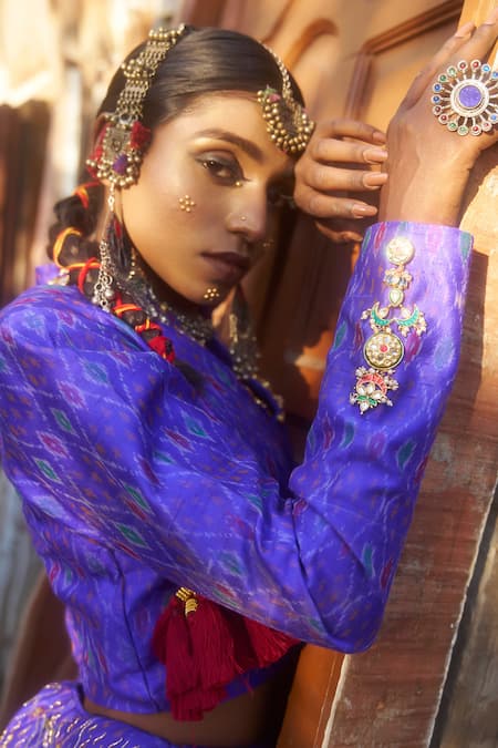 Shop_Muskann Kapadiaa_Blue Crepe, Silk Sequins, Zari, Gota Patti Beige Embellished Lehenga And Blazer _Online_at_Aza_Fashions