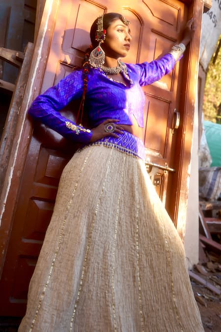 Muskann Kapadiaa Beige Embellished Lehenga & Blue Blazer 