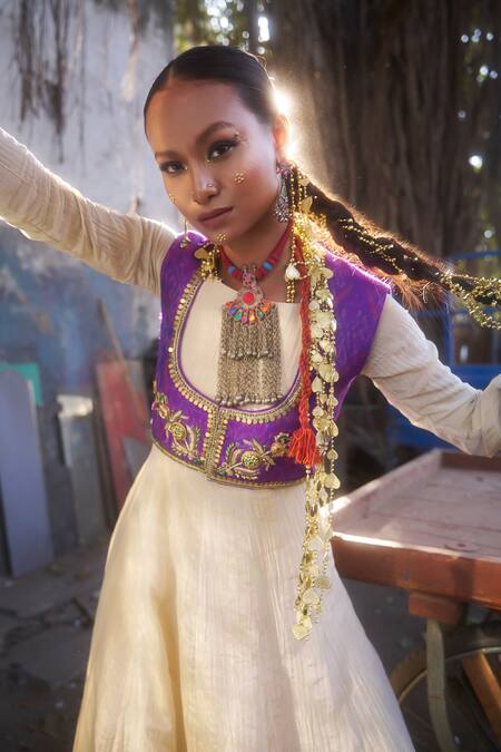 Muskann Kapadiaa_Beige Crepe, Silk Sequins, Zari Round Neck Ikat Embroidered Anarkali Set _Online_at_Aza_Fashions