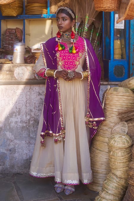 Muskann Kapadiaa Beige Ikat Patchwork Anarkali Set 