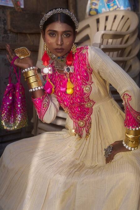 Muskann Kapadiaa_Beige Crepe Sequins, Embroidery, Tassels, Gota Patti Ikat Patchwork Anarkali Set _Online_at_Aza_Fashions