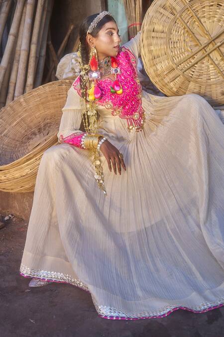 Buy_Muskann Kapadiaa_Beige Crepe Sequins, Embroidery, Tassels, Gota Patti Ikat Patchwork Anarkali Set _Online_at_Aza_Fashions