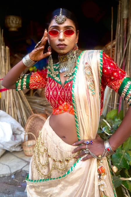 Muskann Kapadiaa_Red Silk, Crepe Sequins, Zari, Tassels V-neck Gota Embroidered Beige Lehenga Set _Online_at_Aza_Fashions