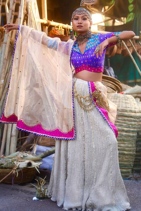 Muskann Kapadiaa_Multi Color Silk, Crepe, Chiffon Sequins, Embellished Ikat Blouse And Lehenga Set _Online_at_Aza_Fashions