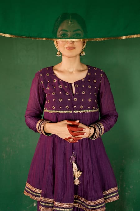 Nimbu Mirchi_Purple Chanderi Gota Patti, Sequins Zari Embroidered Kurta Afghani Salwar Set _Online_at_Aza_Fashions