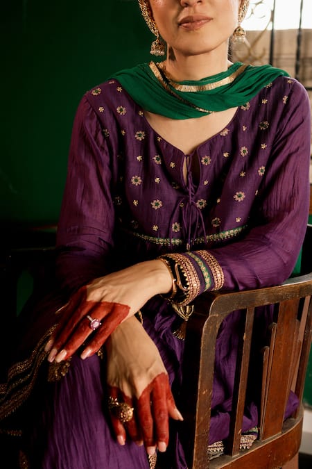 Buy_Nimbu Mirchi_Purple Chanderi Gota Patti, Sequins Zari Embroidered Kurta Afghani Salwar Set _Online_at_Aza_Fashions