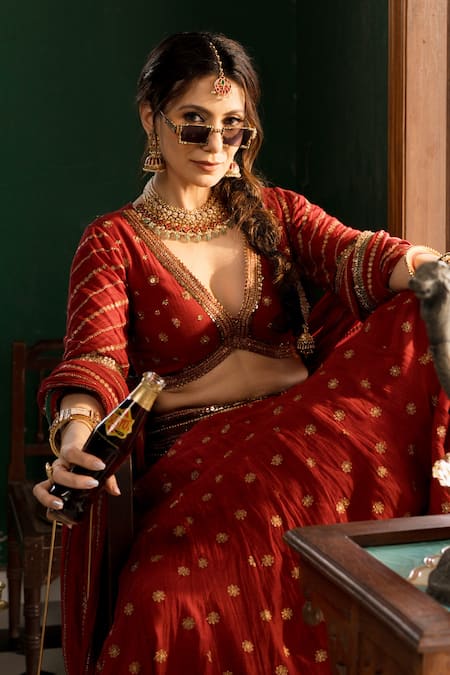 Nimbu Mirchi Red Chanderi Embroidery, Sequins, Zari Plunge Floral Motifs Hand Lehenga Set Online at Aza Fashions Nimbu Mirchi_Red Chanderi Embroidery, Sequins, Zari Plunge Floral Motifs Hand Lehenga Set _Online_at_Aza_Fashions