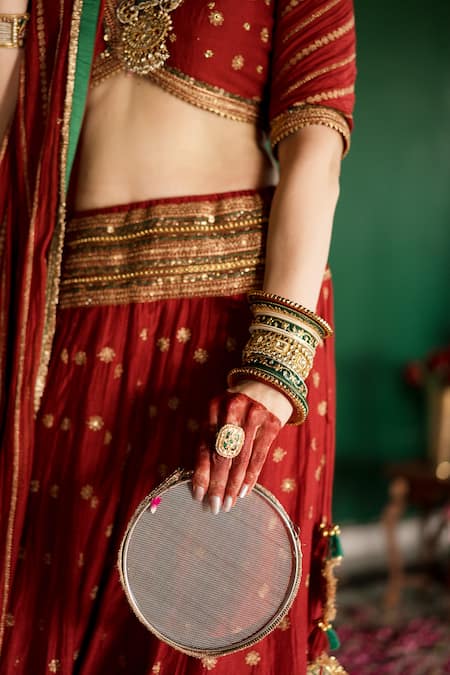 Buy Nimbu Mirchi Red Chanderi Embroidery, Sequins, Zari Plunge Floral Motifs Hand Lehenga Set Online at Aza Fashions Buy_Nimbu Mirchi_Red Chanderi Embroidery, Sequins, Zari Plunge Floral Motifs Hand Lehenga Set _Online_at_Aza_Fashions