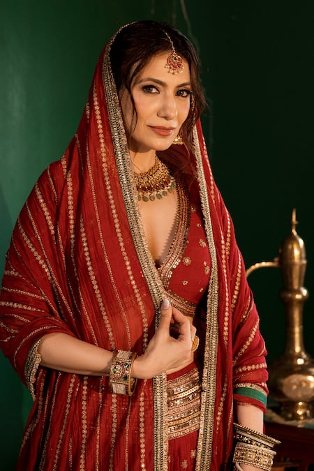 Shop Nimbu Mirchi Red Chanderi Embroidery, Sequins, Zari Plunge Floral Motifs Hand Lehenga Set Online at Aza Fashions Shop_Nimbu Mirchi_Red Chanderi Embroidery, Sequins, Zari Plunge Floral Motifs Hand Lehenga Set _Online_at_Aza_Fashions