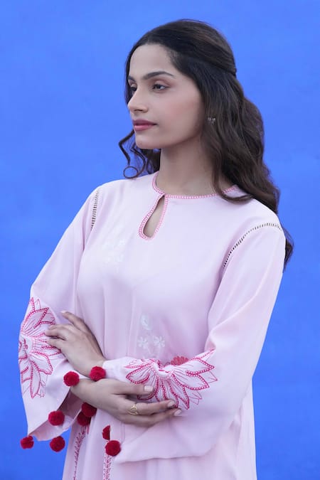 Jyoti Bansal Pink Cotton Pom-poms, Embroidery Keyhole Neck Tonal Floral Kurta And Salwar Online at Aza Fashions Jyoti Bansal_Pink Cotton Pom-poms, Embroidery Keyhole Neck Tonal Floral Kurta And Salwar _Online_at_Aza_Fashions